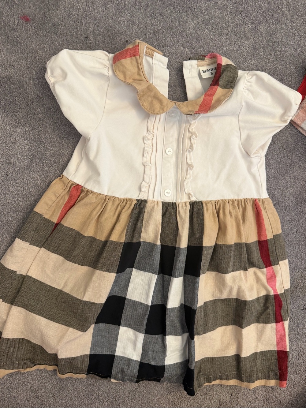 Baby Girl Cream and Beige Plaid Dress with Contrasting Collar